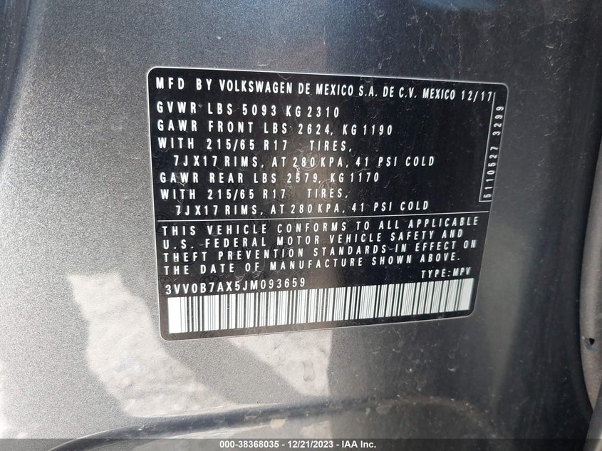 VIN 3VV0B7AX5JM093659 2018 VOLKSWAGEN TIGUAN S