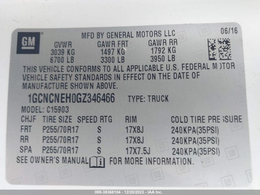 2016 CHEVROLET SILVERADO 1500 WT - 1GCNCNEH0GZ346466