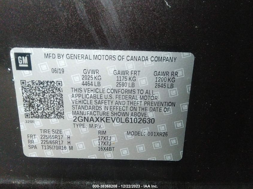 2020 CHEVROLET EQUINOX LT - 2GNAXKEV0L6102630