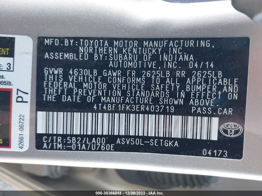 2014 TOYOTA CAMRY XLE - 4T4BF1FK3ER403719