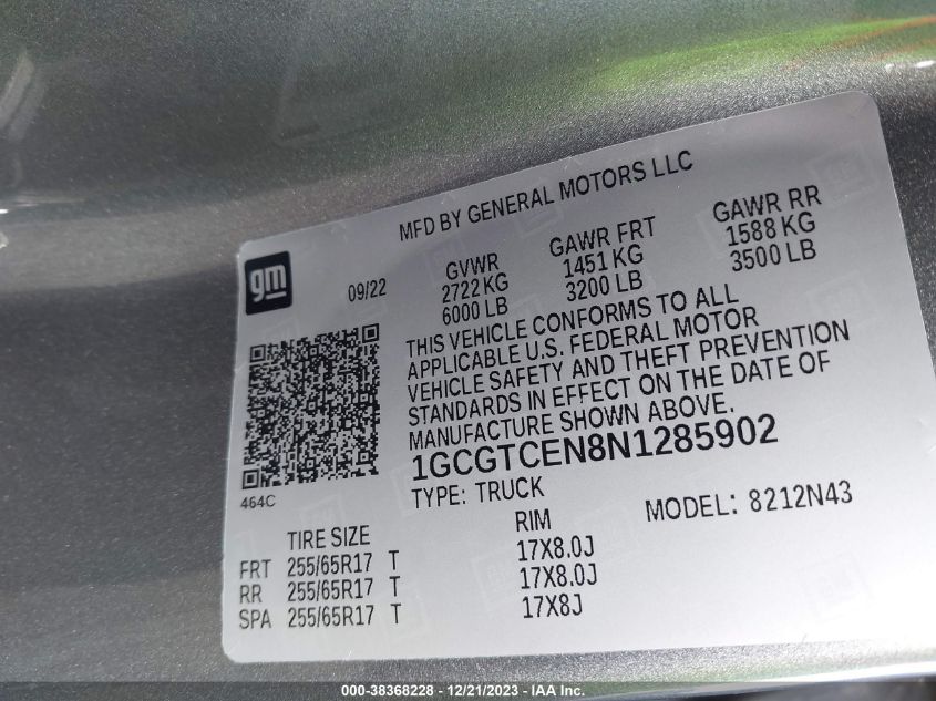 2022 CHEVROLET COLORADO LT - 1GCGTCEN8N1285902