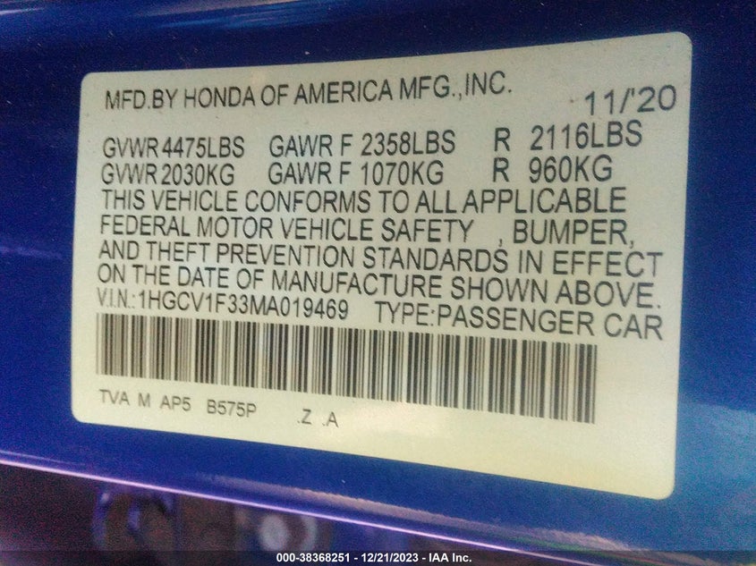 VIN 1HGCV1F33MA019469 2021 HONDA ACCORD SPORT