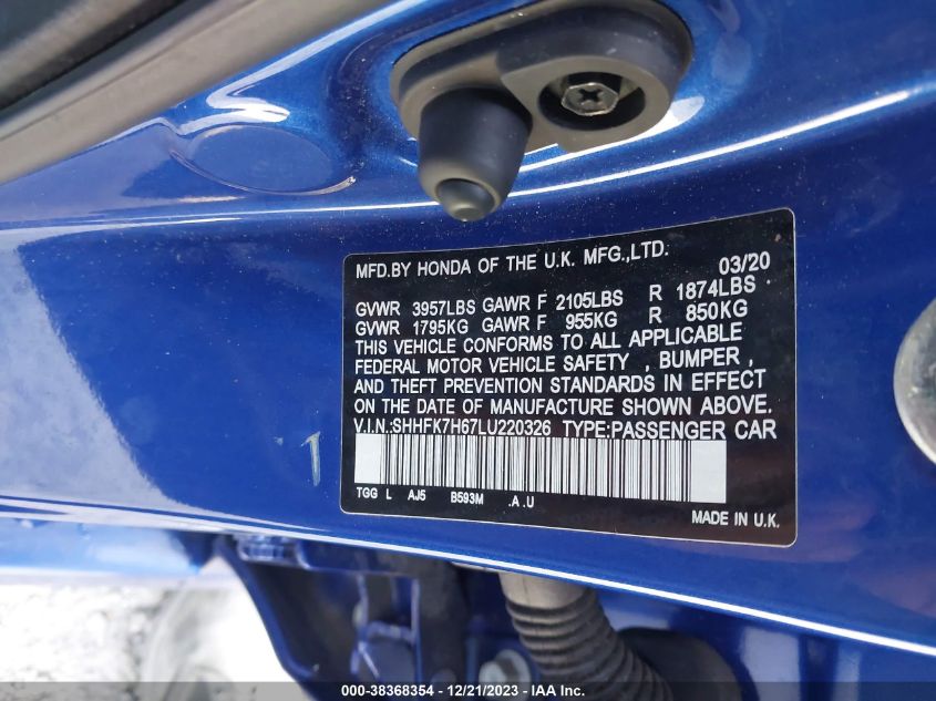 2020 HONDA CIVIC EX - SHHFK7H67LU220326