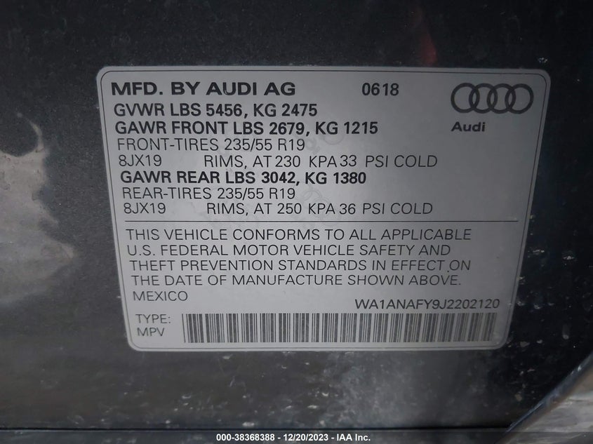 VIN WA1ANAFY9J2202120 2018 AUDI Q5 2.0T PREMIUM/2.0T TECH PREMIUM