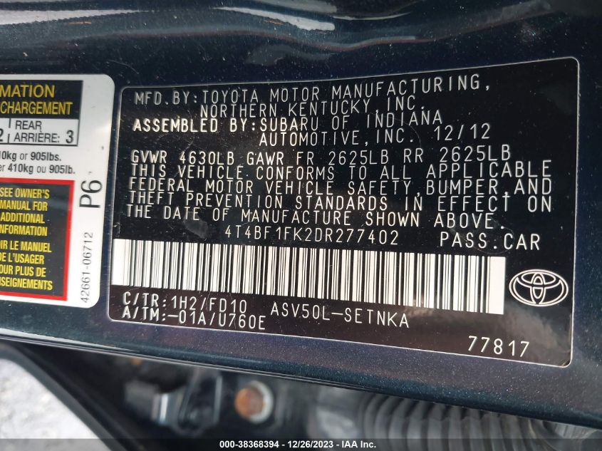 2013 TOYOTA CAMRY L/SE/LE/XLE - 4T4BF1FK2DR277402