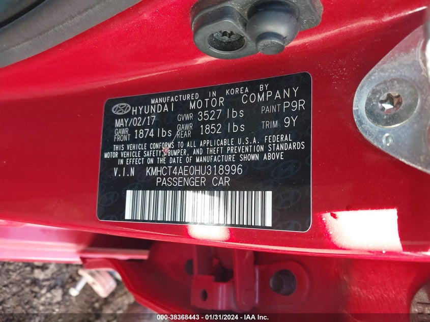 VIN KMHCT4AE0HU318996 2017 HYUNDAI ACCENT SE