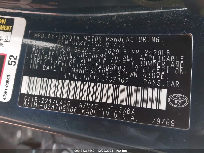 2019 TOYOTA CAMRY L/LE/XLE/SE/XSE - 4T1B11HK8KU737102
