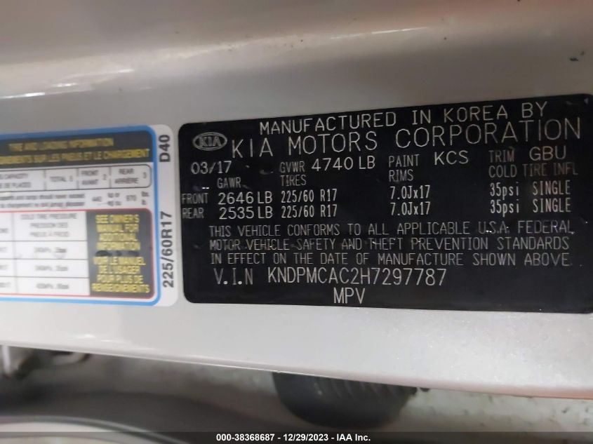 2017 KIA SPORTAGE LX - KNDPMCAC2H7297787