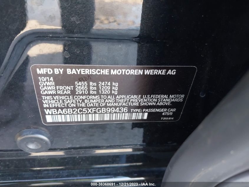 2015 BMW 650 I GRAN COUPE - WBA6B2C5XFGB99443