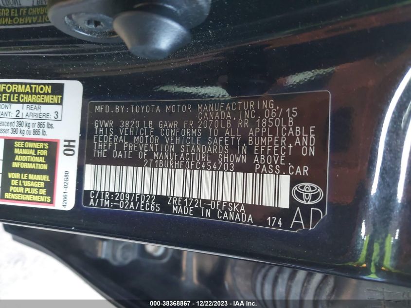 2015 TOYOTA COROLLA L/LE/LE PLS/PRM/S/S PLS - 2T1BURHE0FT454703