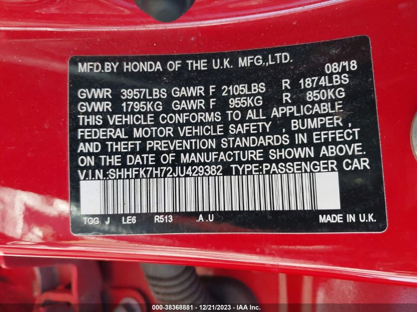 2018 HONDA CIVIC EXL - SHHFK7H72JU429382