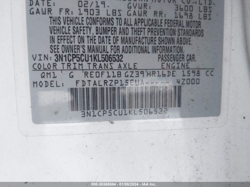 2019 NISSAN KICKS S/SR/SV - 3N1CP5CU1KL506532