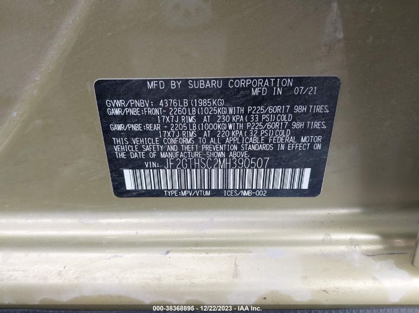 2021 SUBARU CROSSTREK SPORT - JF2GTHSC2MH390507