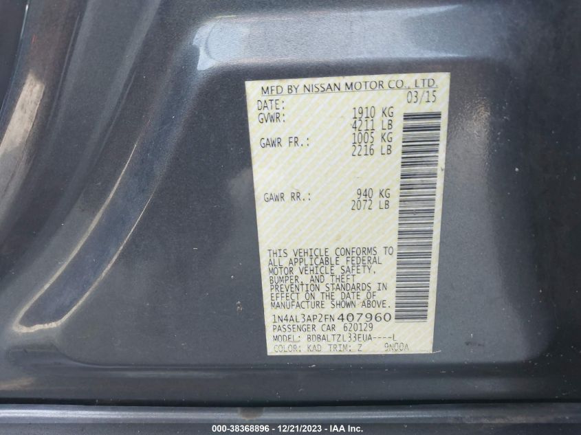 2015 NISSAN ALTIMA 2.5/S/SV/SL - 1N4AL3AP2FN407960