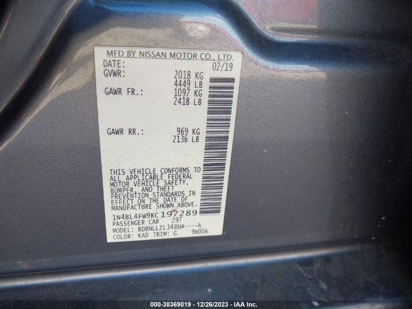 2019 NISSAN ALTIMA PLATINUM - 1N4BL4FW9KC197289