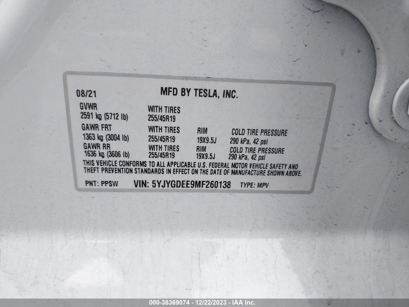 2021 TESLA MODEL Y - 5YJYGDEE9MF260138