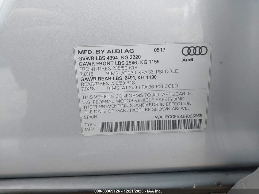 VIN WA1ECCFS8JR005865 2018 AUDI Q3 PREMIUM