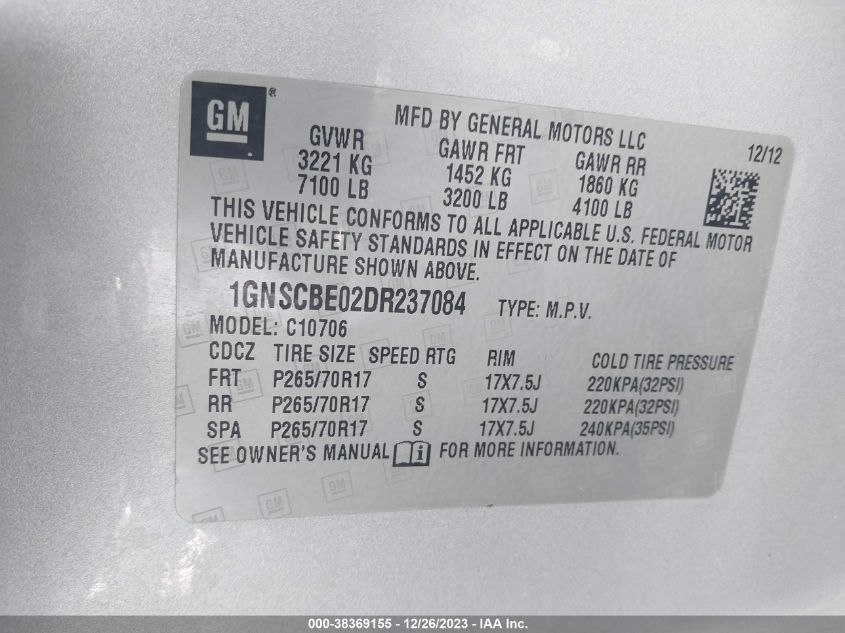2013 CHEVROLET TAHOE LT - 1GNSCBE02DR237084