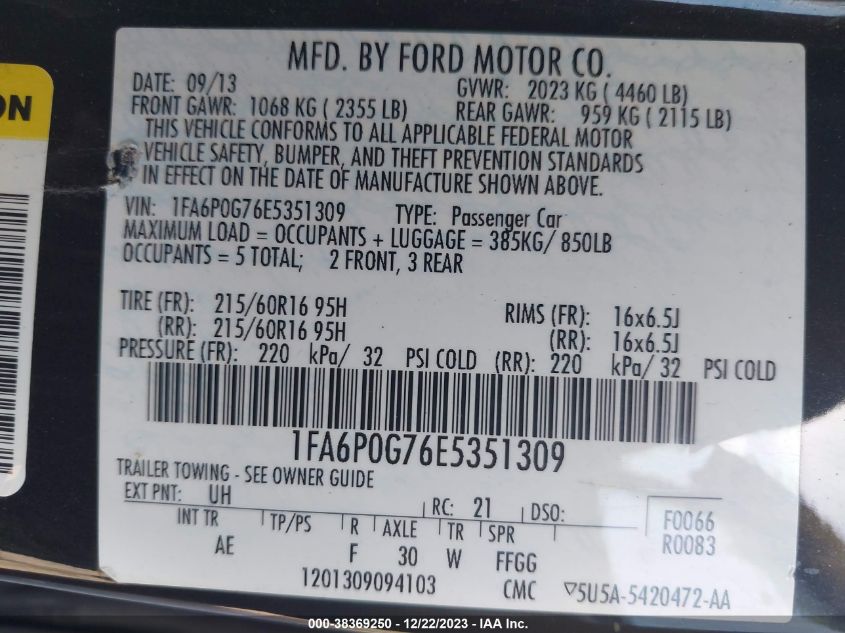 2014 FORD FUSION S - 1FA6P0G76E5351309