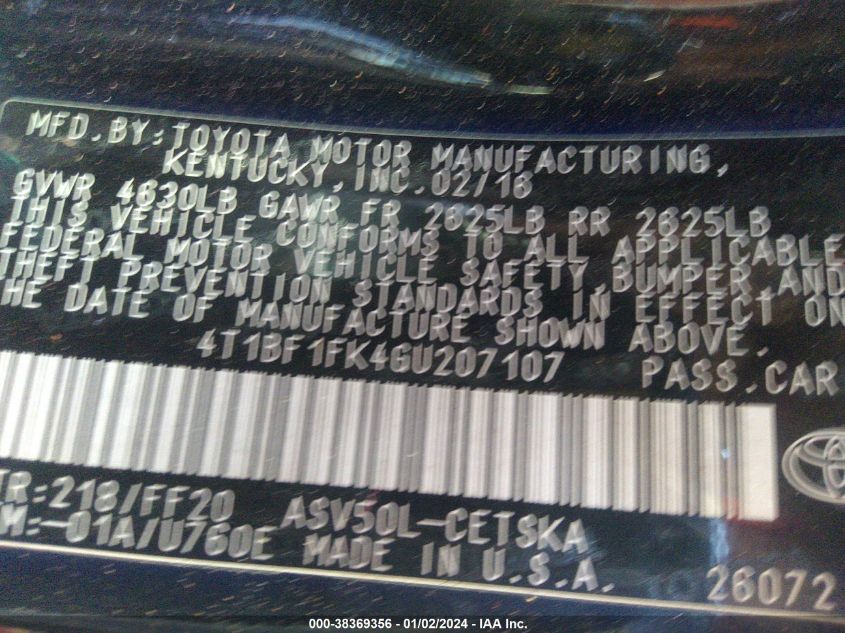 2016 TOYOTA CAMRY LE/XLE/SE/XSE - 4T1BF1FK4GU207107