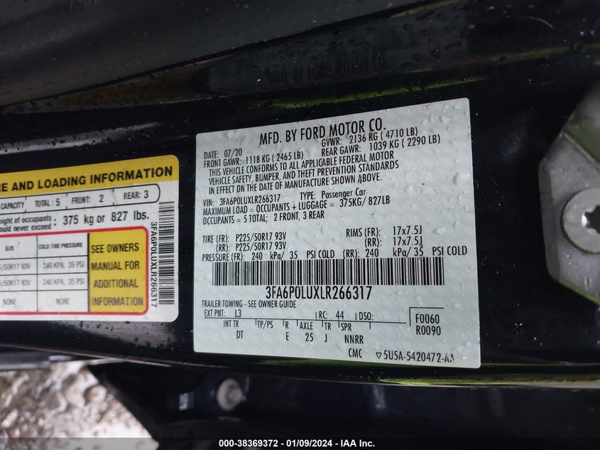 VIN 3FA6P0LUXLR266317 2020 FORD FUSION HYBRID SE