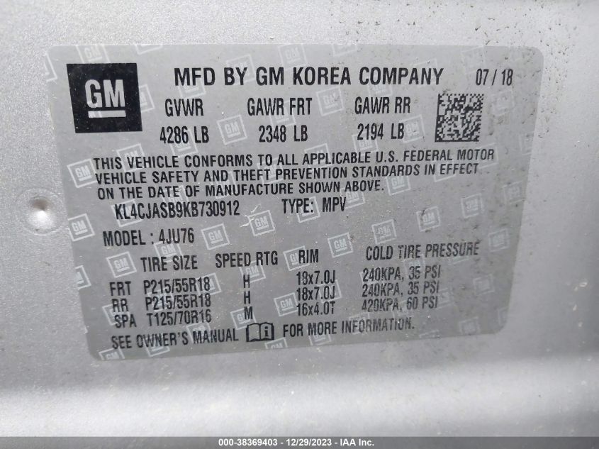 2019 BUICK ENCORE FWD PREFERRED - KL4CJASB9KB730912
