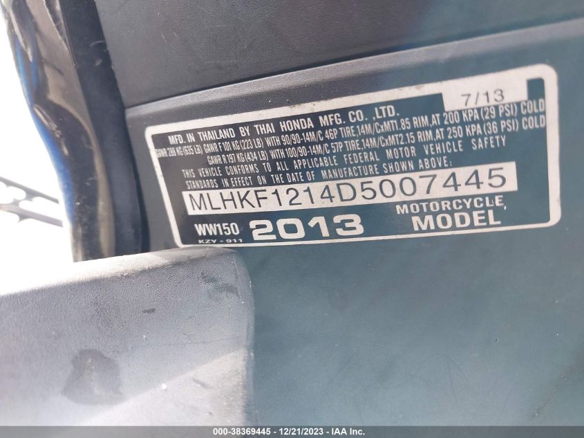 2013 HONDA PCX 150 MLHKF1214D5007445