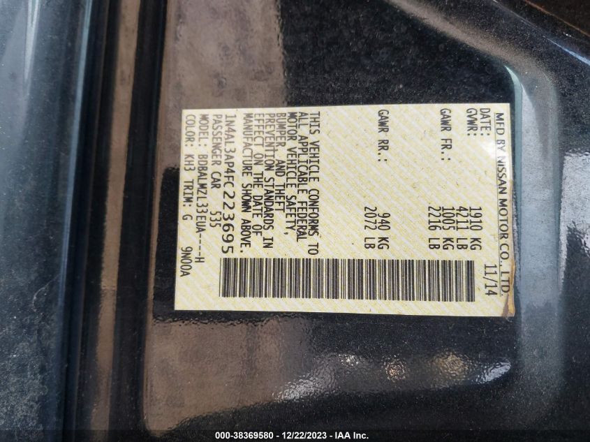 2015 NISSAN ALTIMA 2.5/S/SV/SL - 1N4AL3AP4FC223695