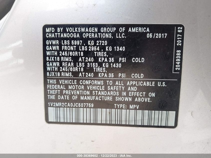 2018 VOLKSWAGEN ATLAS 3.6L V6 SEL - 1V2MR2CA0JC507759