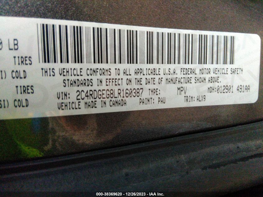 2020 DODGE GRAND CARAVAN GT - 2C4RDGEG8LR160387