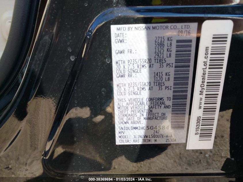 2017 INFINITI QX60 - 5N1DL0MM1HC504584