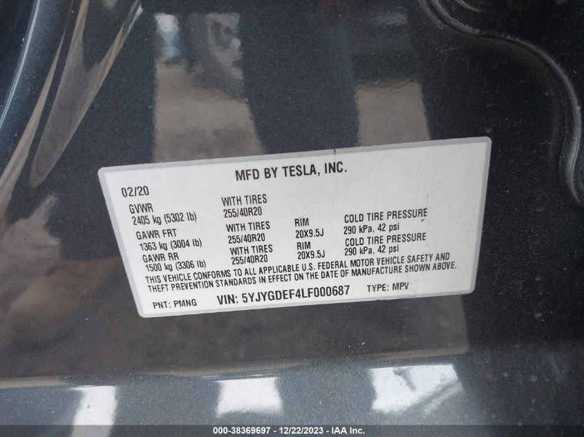 2020 TESLA MODEL Y - 5YJYGDEF4LF000687