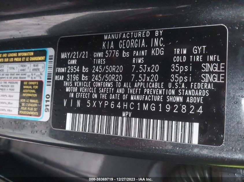 VIN 5XYP64HC1MG192824 2021 KIA TELLURIDE S