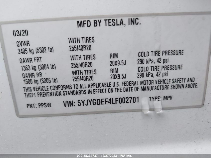 2020 TESLA MODEL Y - 5YJYGDEF4LF002701