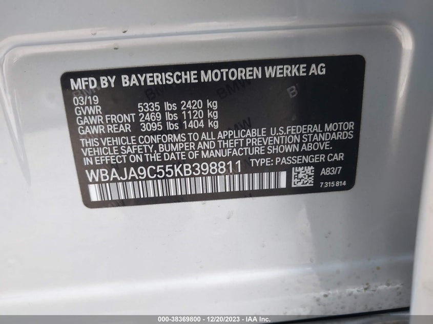 VIN WBAJA9C55KB398811 2019 BMW 530E IPERFORMANCE