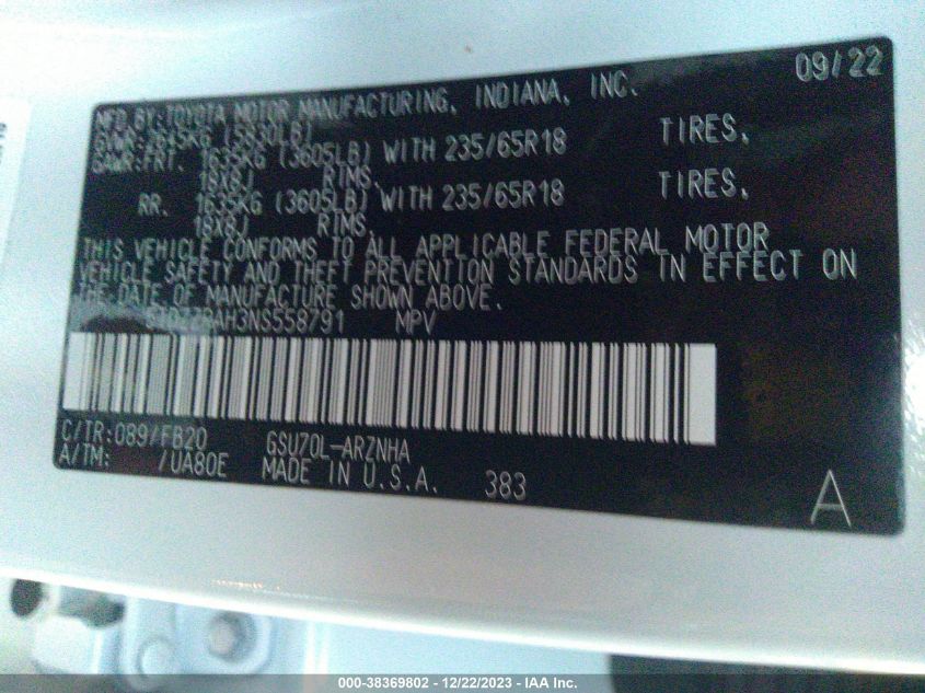 2022 TOYOTA HIGHLANDER L/LE - 5TDZZRAH3NS558791