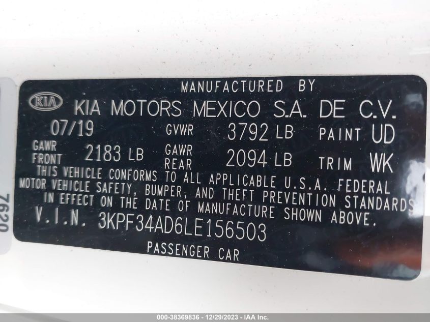 2020 KIA FORTE GT-LINE - 3KPF34AD6LE156503
