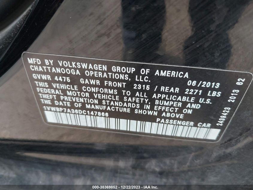 2013 VOLKSWAGEN PASSAT SE - 1VWBP7A36DC147866