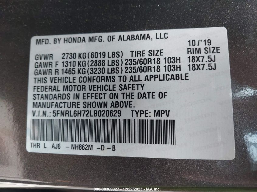 2020 HONDA ODYSSEY EXL - 5FNRL6H72LB020629