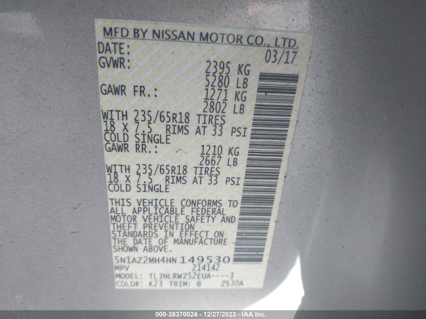 2017 NISSAN MURANO SL - 5N1AZ2MH4HN149530