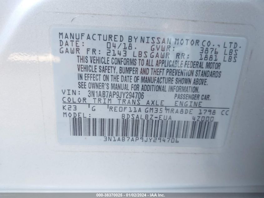 2018 NISSAN SENTRA S/SV/SR/SL - 3N1AB7AP9JY294706