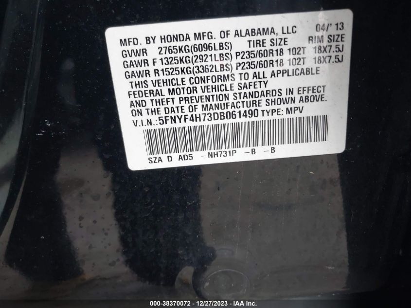 2013 HONDA PILOT EX-L - 5FNYF4H73DB061490