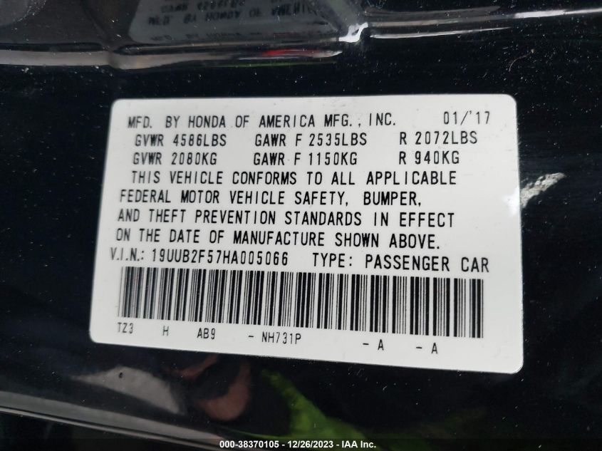 2017 ACURA TLX TECHNOLOGY PACKAGE - 19UUB2F57HA005066