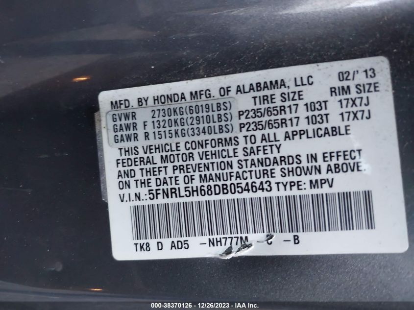2013 HONDA ODYSSEY EXL - 5FNRL5H68DB054643