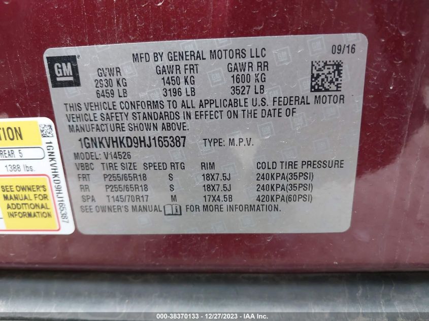 2017 CHEVROLET TRAVERSE LT - 1GNKVHKD9HJ165387