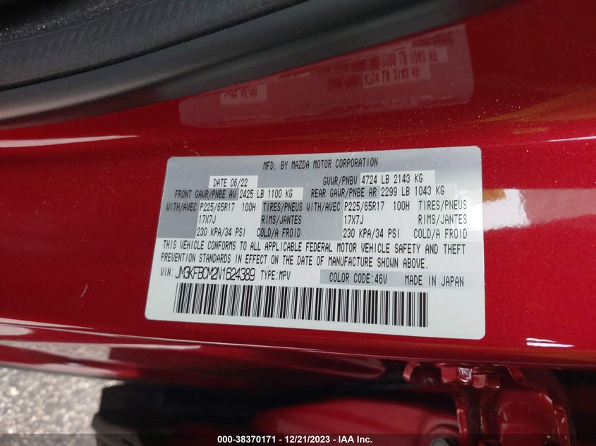 VIN JM3KFBCM2N1624389 2022 MAZDA CX-5 PREFERRED