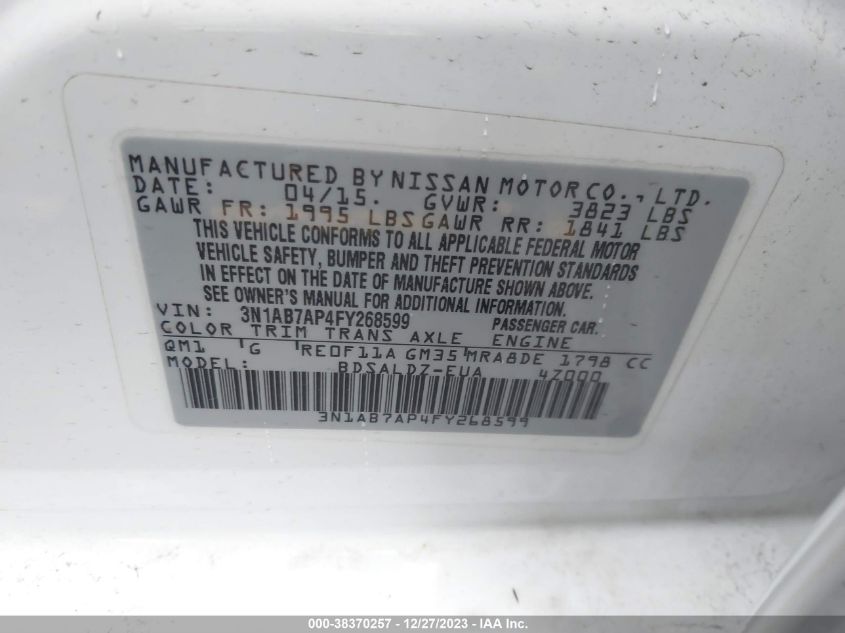 2015 NISSAN SENTRA S/SV/SR/SL - 3N1AB7AP4FY268599