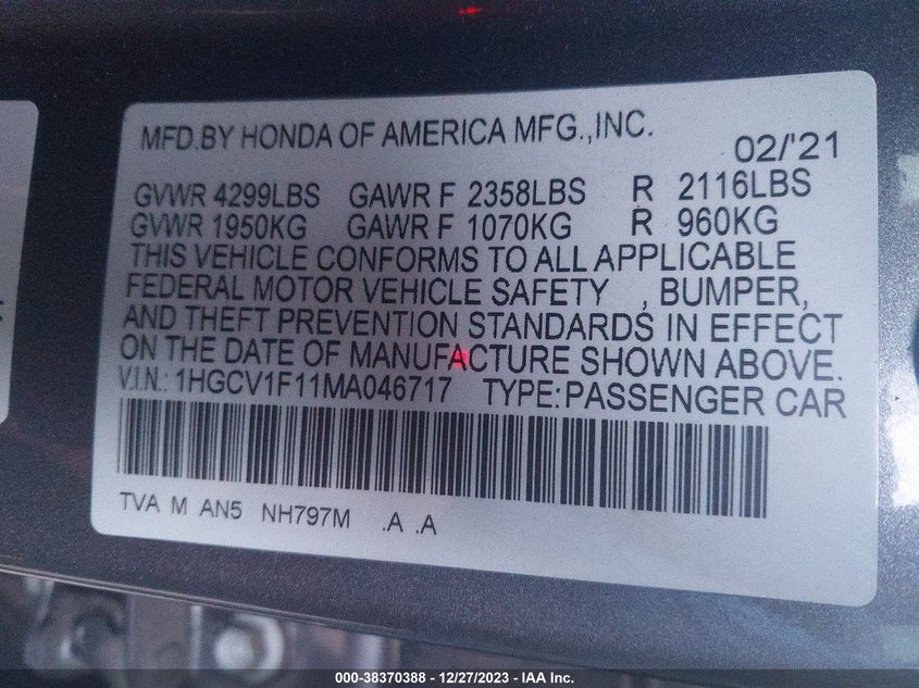 VIN 1HGCV1F11MA046717 2021 HONDA ACCORD LX
