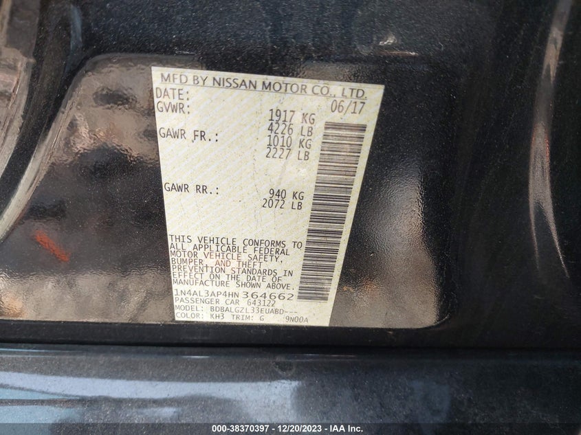 VIN 1N4AL3AP4HN364662 2017 NISSAN ALTIMA 2.5 S