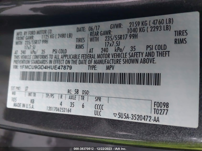 VIN 1FMCU9GD4HUE47879 2017 FORD ESCAPE SE